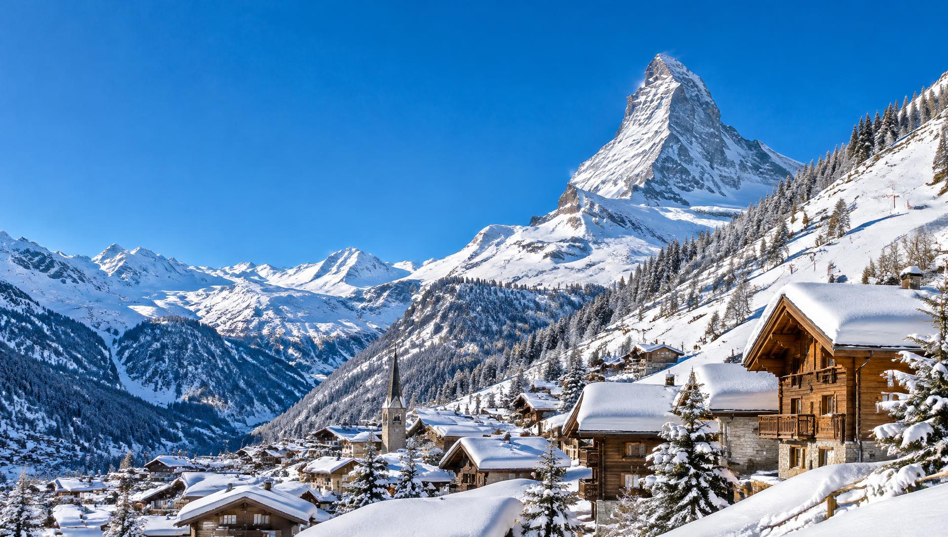 Zermatt med Matterhorn i strålande vintersol